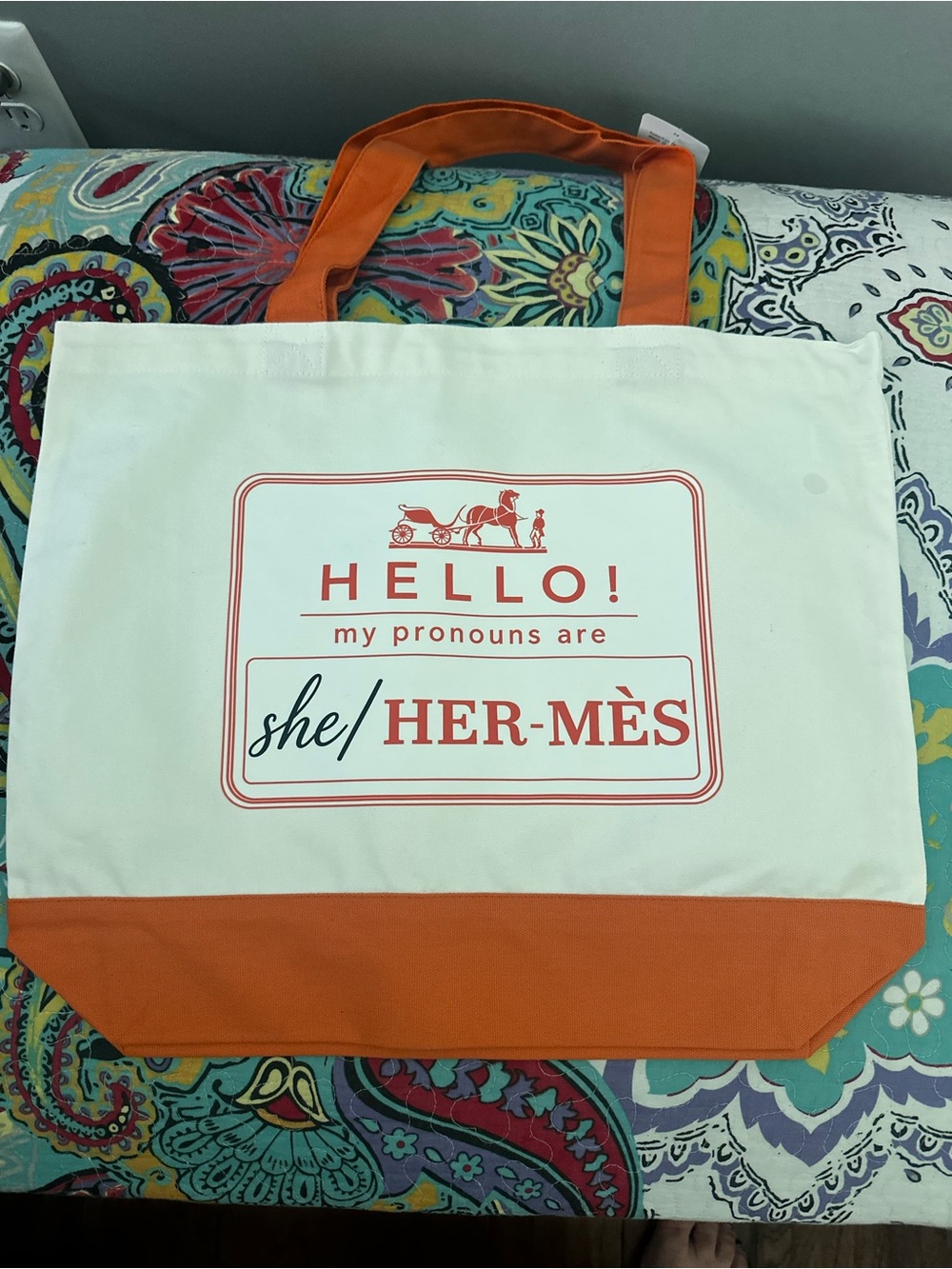 Hello! Funny Pronouns Canvas Tote Bag - White & Orange